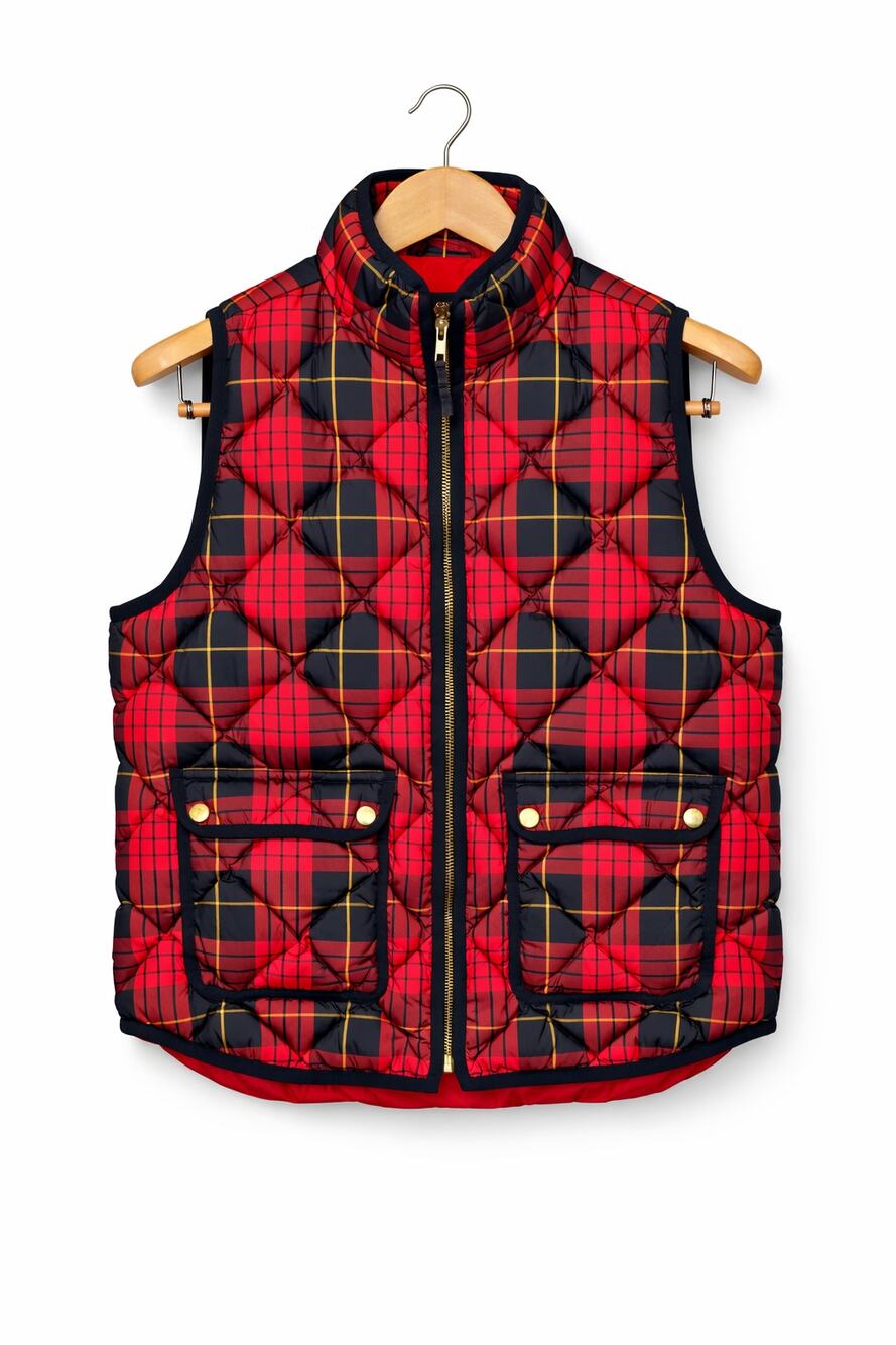 J Crew Puffer Vest Womens Size Medium Red Tartan Plaid Gorpcore Fall Heritage